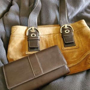 Brown suede Coach Purse and Brown leather wallet